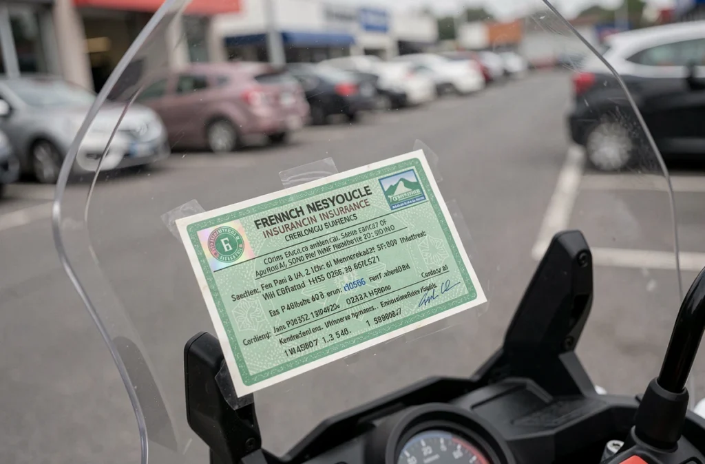 Gros plan sur un certificat d'assurance moto vert collé sur le pare-brise d'une moto en extérieur