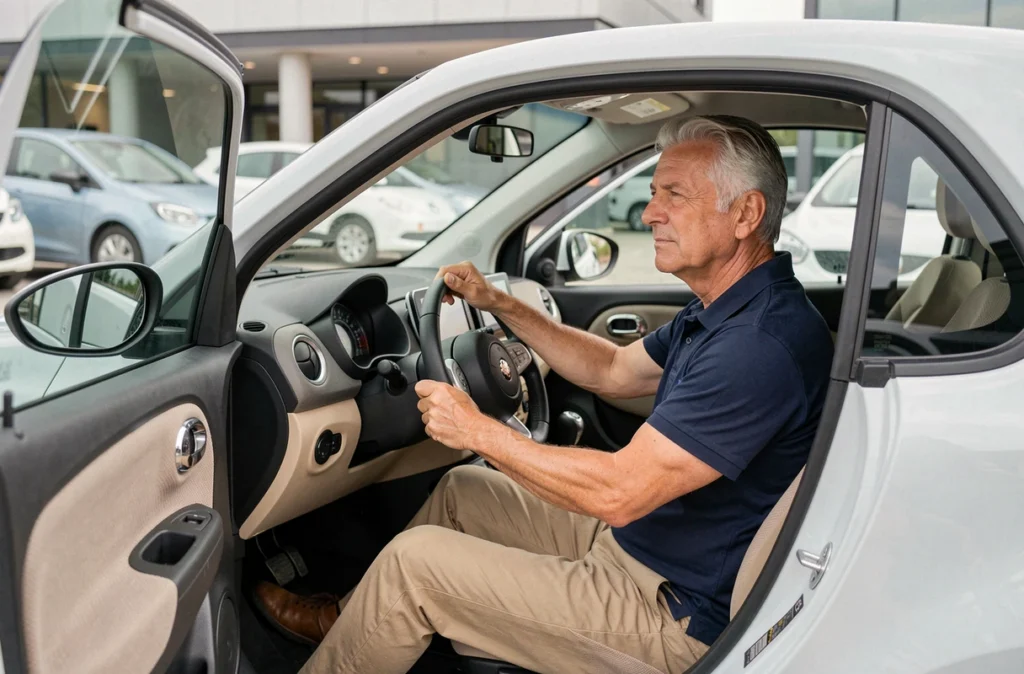 Homme assis au volant d'une voiture sans permis dans une concession automobile à Ajaccio