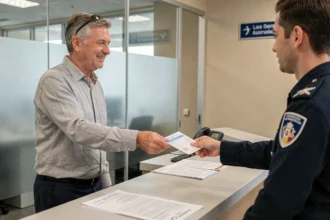 Homme remettant des documents d'immatriculation TR à un agent des douanes dans un aéroport international