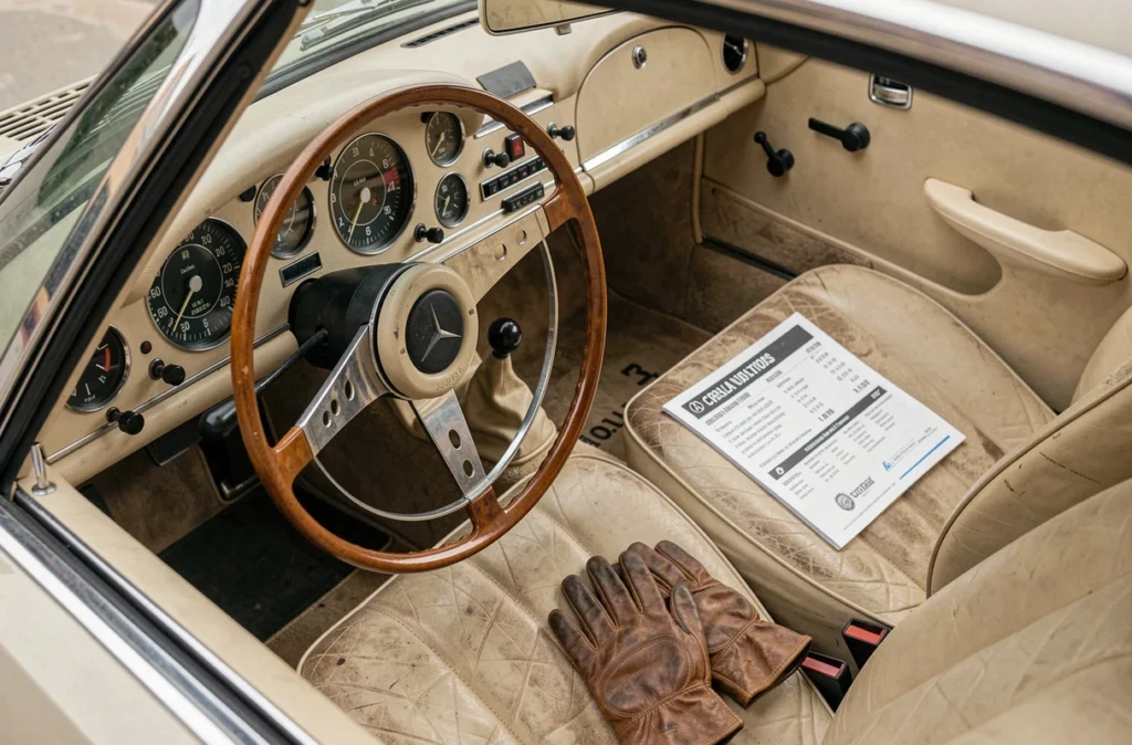 Intérieur authentique d'une Mercedes 300 SL Gullwing avec tableau de bord d'époque et brochure de prix