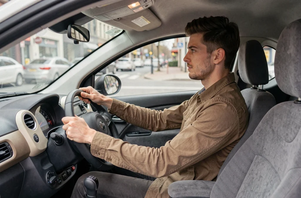 Jeune homme au volant d'une voiture sans permis vue de l'intérieur de l'habitacle