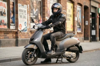 Jeune conducteur de 18 ans assis sur un scooter 50cc gris en zone urbaine, portant un casque intégral et une veste de moto