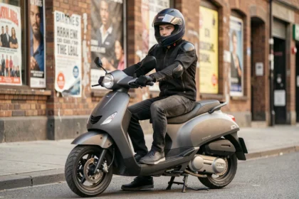 Jeune conducteur de 18 ans assis sur un scooter 50cc gris en zone urbaine, portant un casque intégral et une veste de moto