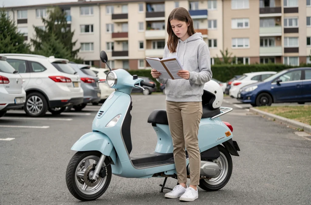 Jeune conductrice de scooter 50cc consultant des documents d'assurance dans un parking résidentiel de banlieue