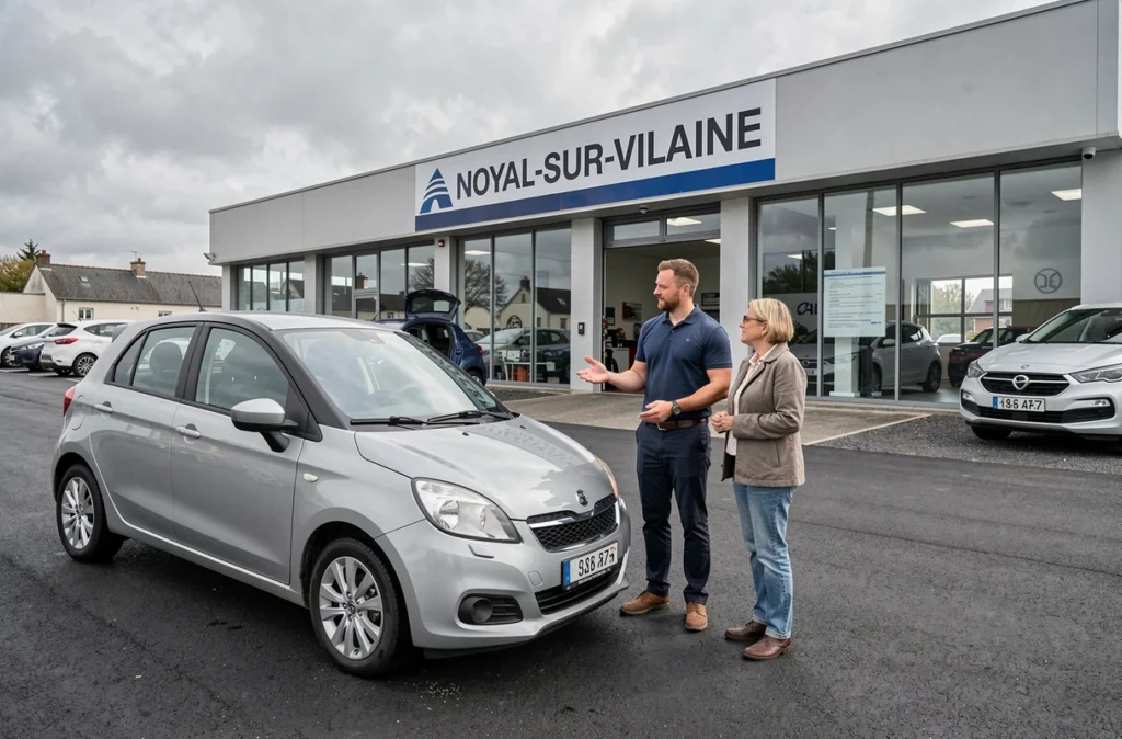 Conseiller de Jouquand Automobiles à Noyal-sur-Vilaine présentant un véhicule d'occasion à des clients sur le parvis du garage