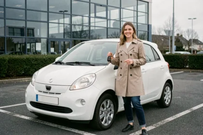 Jeune femme tenant les clés d'une voiture sans permis devant une agence de location à Nantes