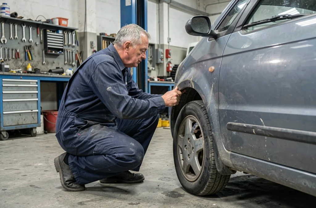 Mécanicien inspectant une voiture sans permis d'occasion dans un atelier de réparation automobile
