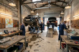 Vue panoramique d'un garage automobile breton avec plusieurs mécaniciens au travail sur des voitures élevées sur des ponts
