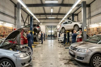 Vue panoramique d'un garage automobile professionnel dans le Bas-Rhin avec plusieurs mécaniciens au travail