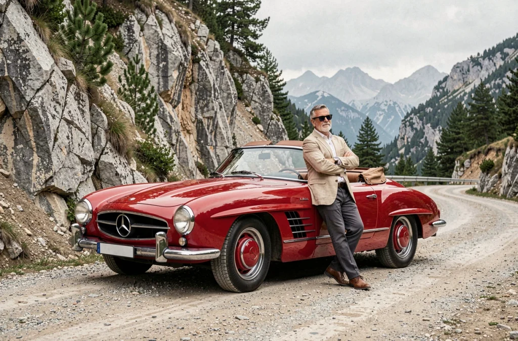Collectionneur appuyé contre une Mercedes 300 SL Roadster rouge sur une route de montagne en France