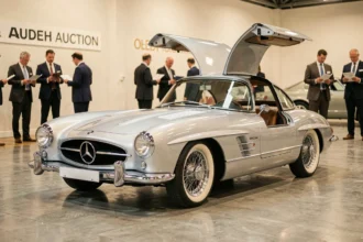 Mercedes 300 SL Gullwing coupé argentée lors d'une vente aux enchères de voitures classiques, vue trois quarts avant