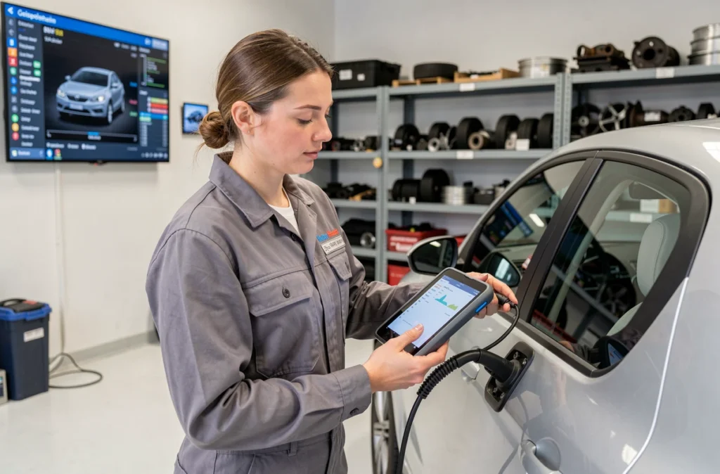 Technicienne automobile de Midi Auto à Geispolsheim utilisant un scanner de diagnostic sur une voiture compacte