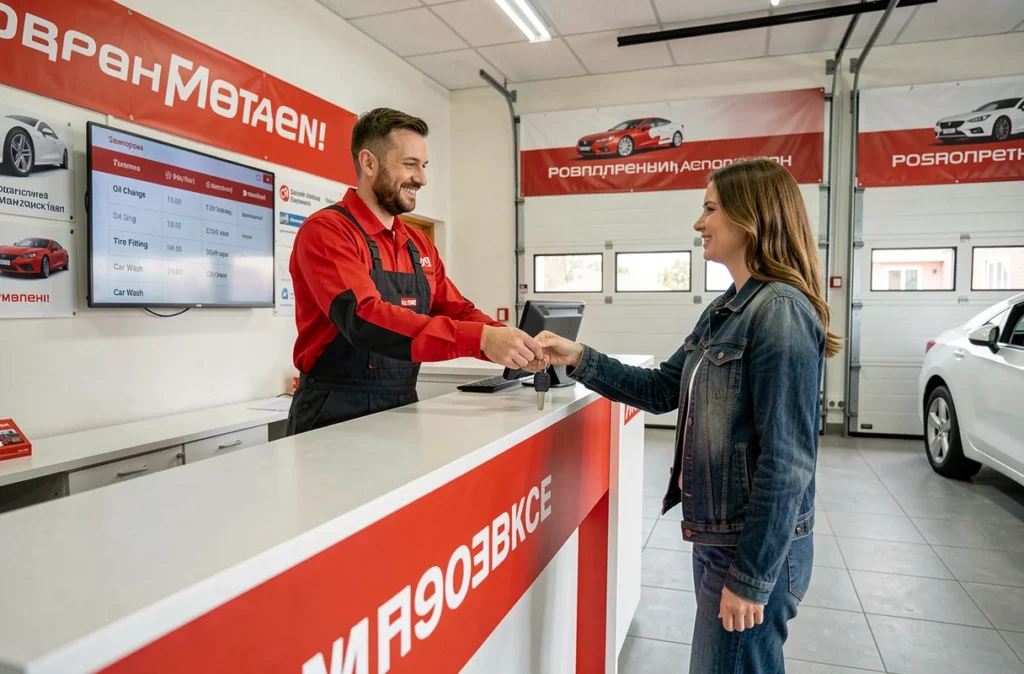 Technicien du garage multiservice Mocaer à Rosporden remettant les clés à une cliente satisfaite à l'accueil