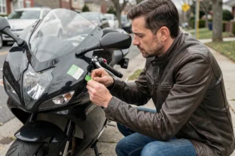 Motard appliquant un certificat d'assurance vert sur le pare-brise de sa moto garée en bord de rue