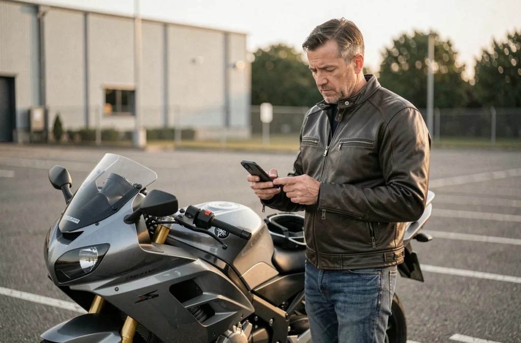 Motard consultant une application de devis assurance moto sans donner ses coordonnées depuis un parking