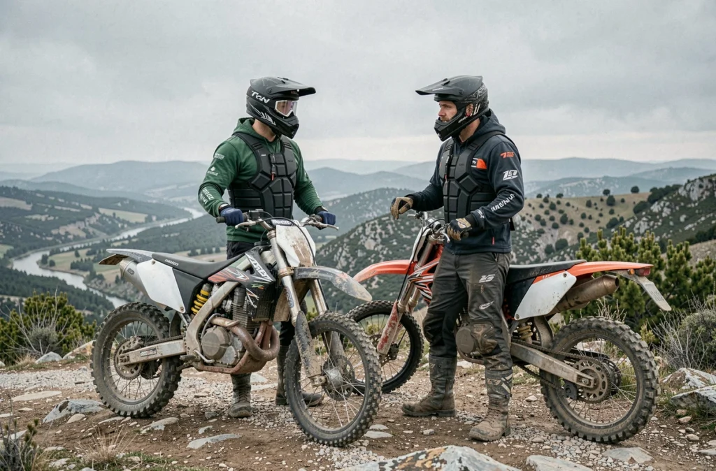 Deux motards enduro en équipement complet discutant au sommet d'un plateau rocheux lors d'une sortie tout-terrain