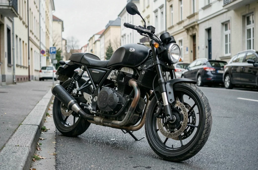 Moto naked noire garée dans une rue urbaine européenne illustrant le contexte d'une demande de devis assurance