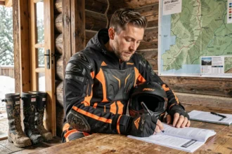 Pilote de moto enduro en combinaison de protection consultant des documents d'assurance dans un chalet de montagne