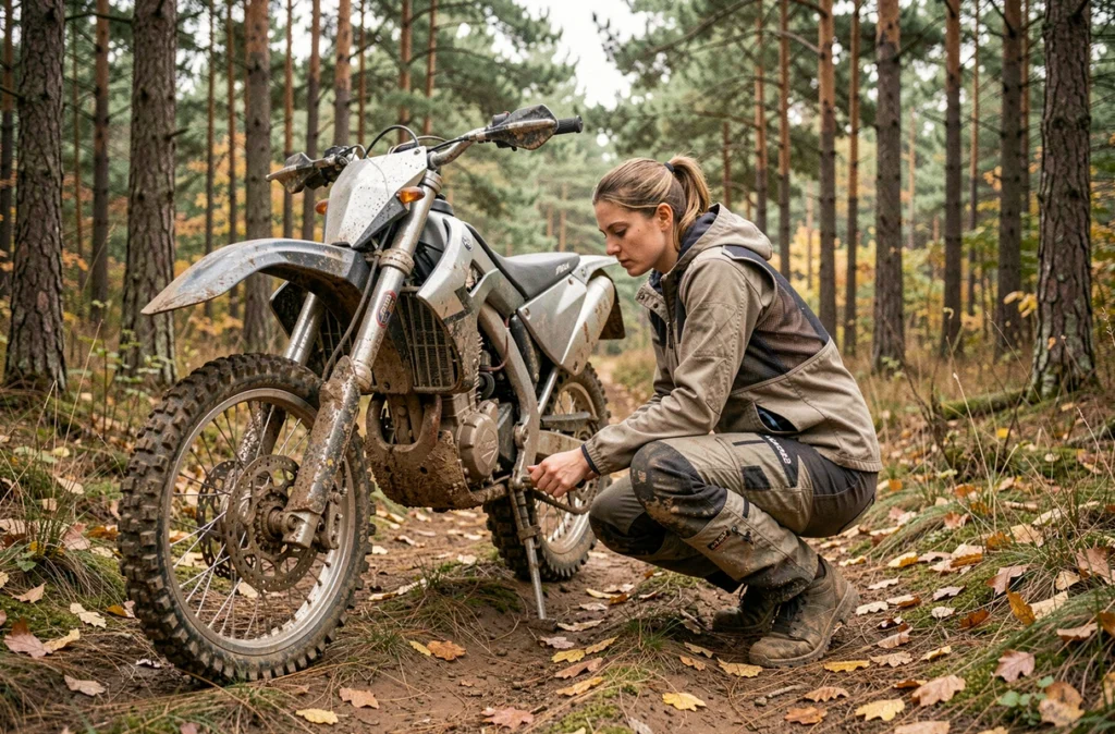 Pilote enduro féminine inspectant sa moto tout-terrain sur un sentier forestier boueux