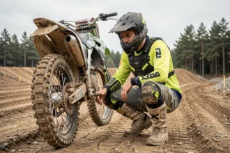 Pilote de moto cross équipé examinant sa moto sur un circuit de dirt, illustration de l'assurance moto cross obligatoire