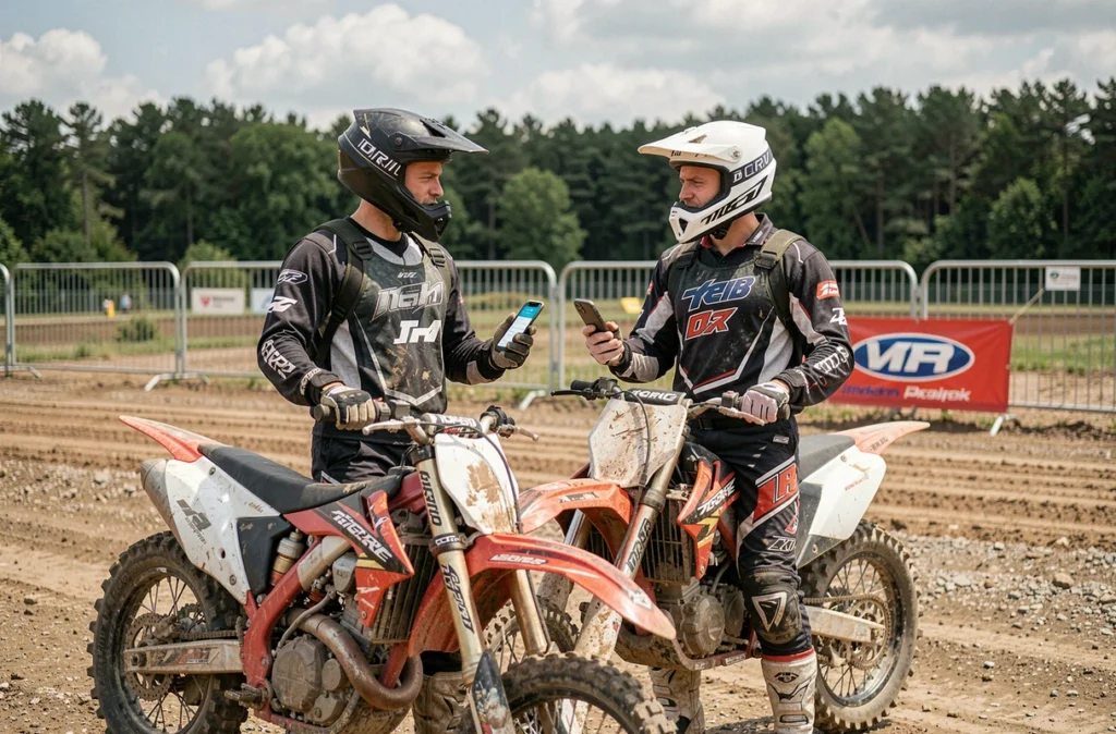Deux pilotes de moto cross discutant d'assurance avec un smartphone sur un circuit, obligation légale de couverture pour la pratique du cross