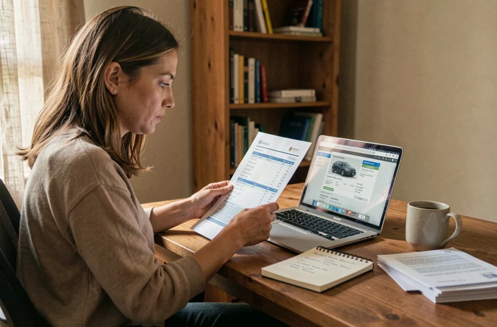 Femme analysant des annonces de voitures d'occasion et un rapport d'historique véhicule à son bureau à domicile