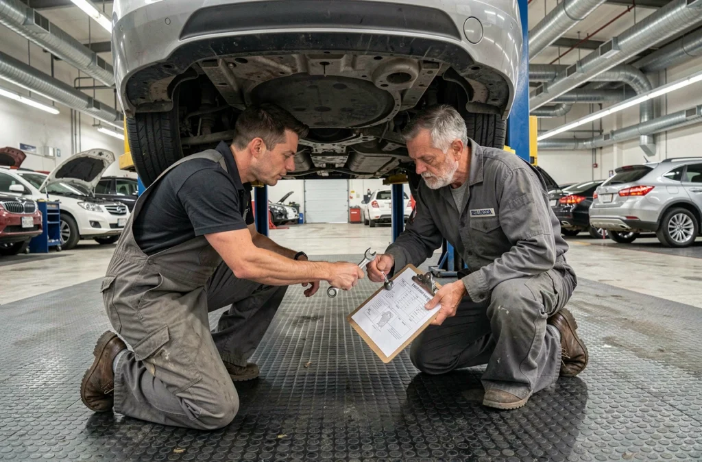 Deux mécaniciens de RVS Autos travaillant ensemble sous une voiture surélevée dans un garage multi-bays