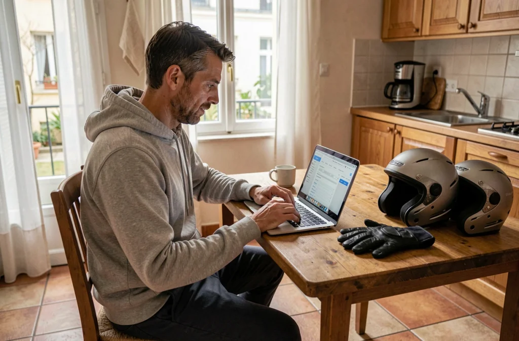Homme souscrivant une assurance scooter en ligne depuis son appartement en France avec un ordinateur portable