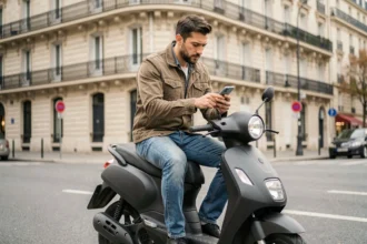 Homme consultant son smartphone assis sur un scooter noir dans une rue parisienne pour souscrire une assurance scooter en ligne