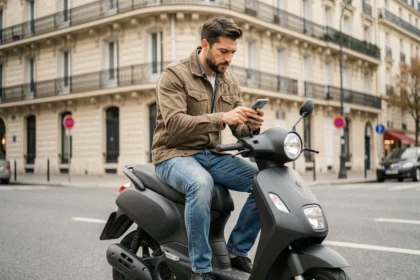 Homme consultant son smartphone assis sur un scooter noir dans une rue parisienne pour souscrire une assurance scooter en ligne