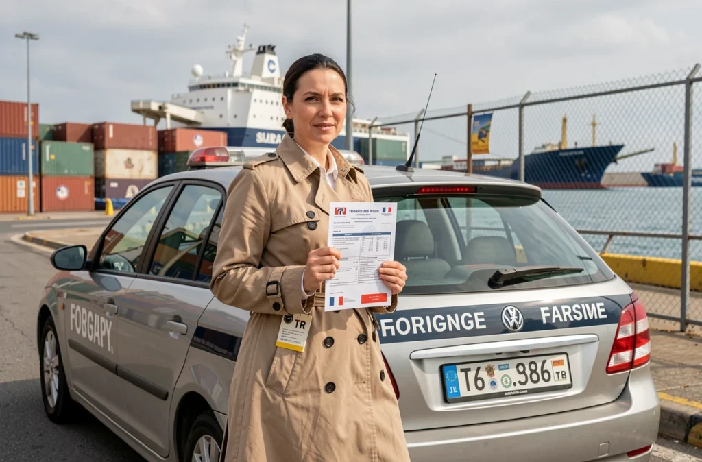 Femme tenant des documents d'immatriculation TR pays devant un véhicule immatriculé au port de ferry