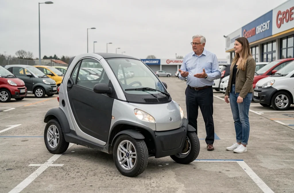 Vendeur présentant une voiture sans permis abordable à un couple dans une concession automobile