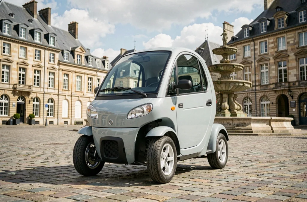 Voiture sans permis garée sur une place pavée dans le centre historique de Nantes