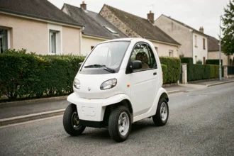 Voiture sans permis électrique garée dans une rue résidentielle française, vue en perspective 3/4