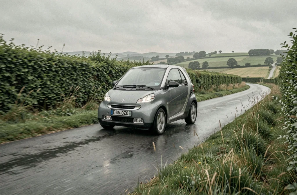 Voiture sans permis hybride roulant sur une route de campagne française bordée de haies vertes