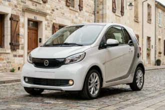Voiture sans permis hybride garée dans une rue pavée d'un village français avec des bâtiments en pierre en arrière-plan