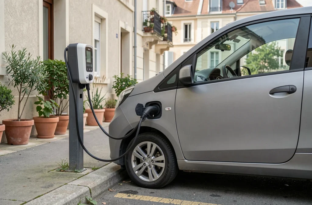 Voiture sans permis électrique en charge sur une borne résidentielle dans une rue française