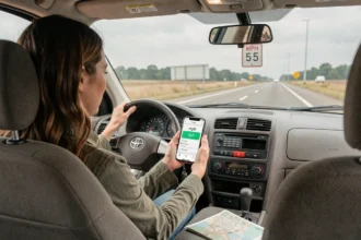 Conductrice en voiture américaine consultant une application de conversion mph en kph sur smartphone avec panneau de limitation de vitesse visible